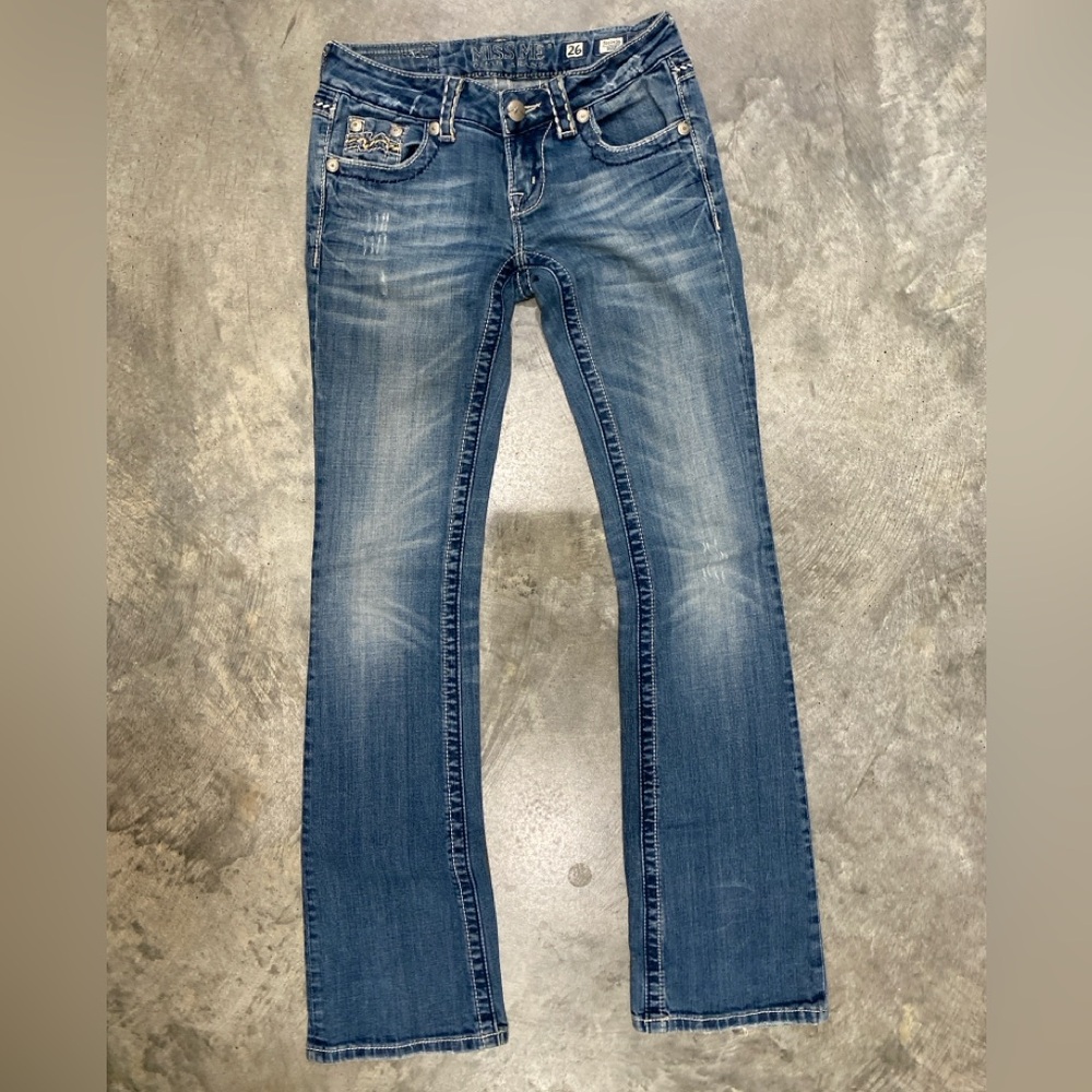 Miss Me Jeans Bootcut Size 26 JD1043B Embellished Flap Pocket Thick Stitch Y2K